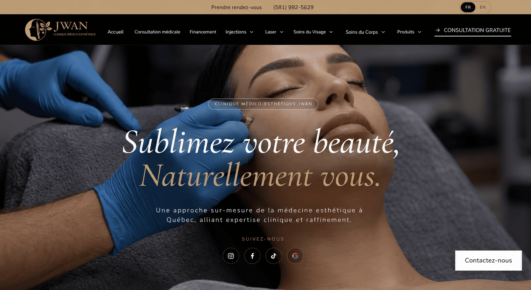 Page d’accueil du site de Clinique Médico-Esthétique JWAN